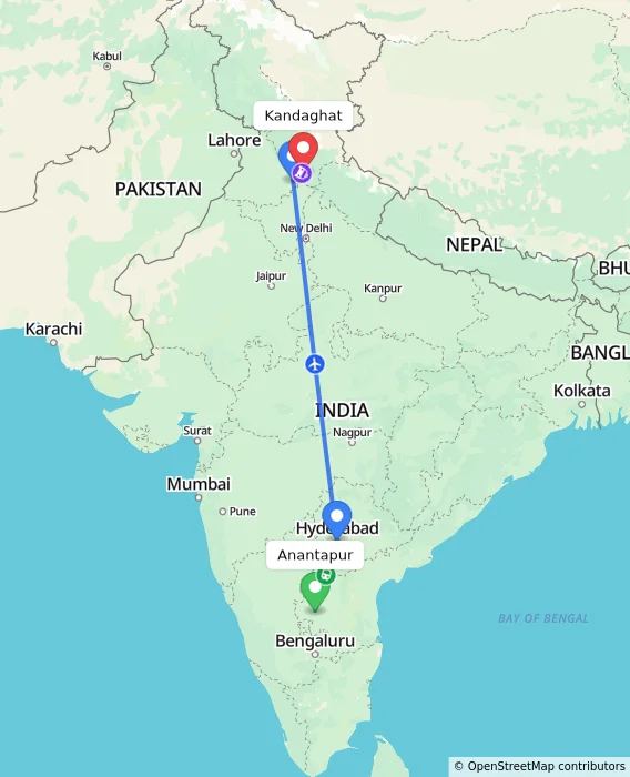 Route map showing distance and travel time from Anantapur, India to Kandaghat, India