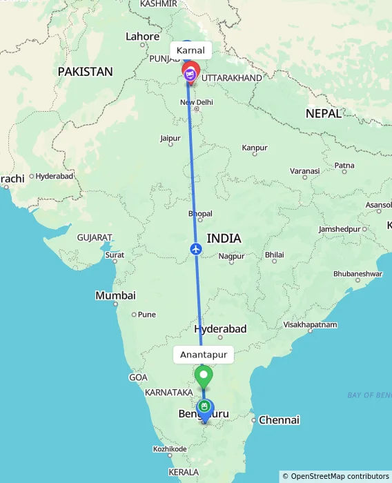 Route map showing distance and travel time from Anantapur, India to Karnal, India