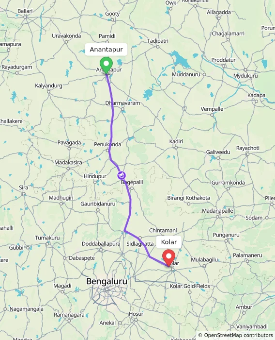 Route map showing distance and travel time from Anantapur, India to Kolar, India