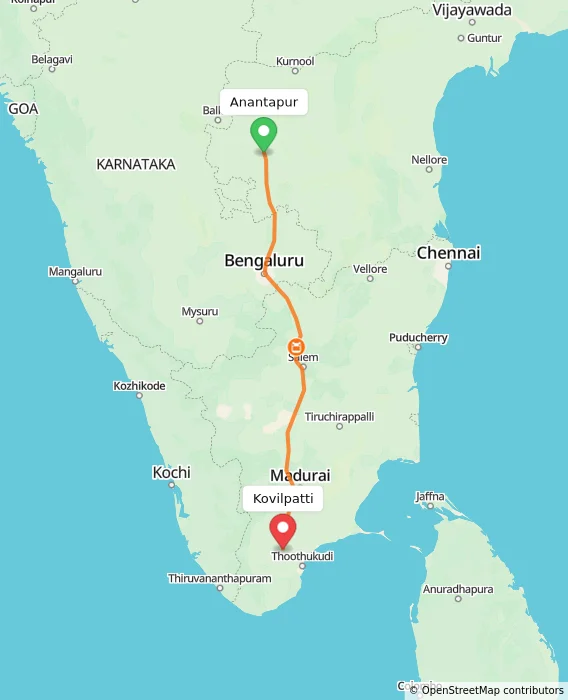 Route map showing distance and travel time from Anantapur, India to Kovilpatti, India