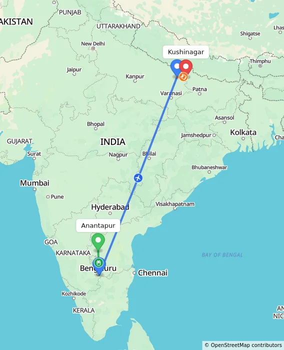 Route map showing distance and travel time from Anantapur, India to Kushinagar, India