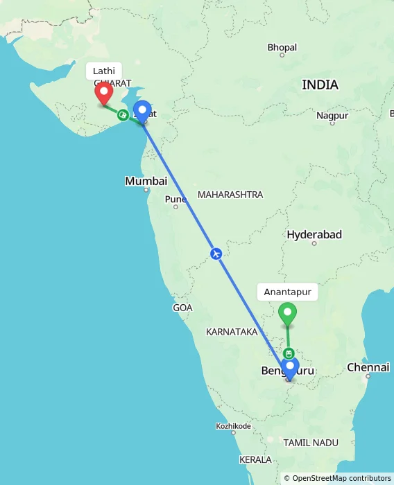 Route map showing distance and travel time from Anantapur, India to Lathi, India