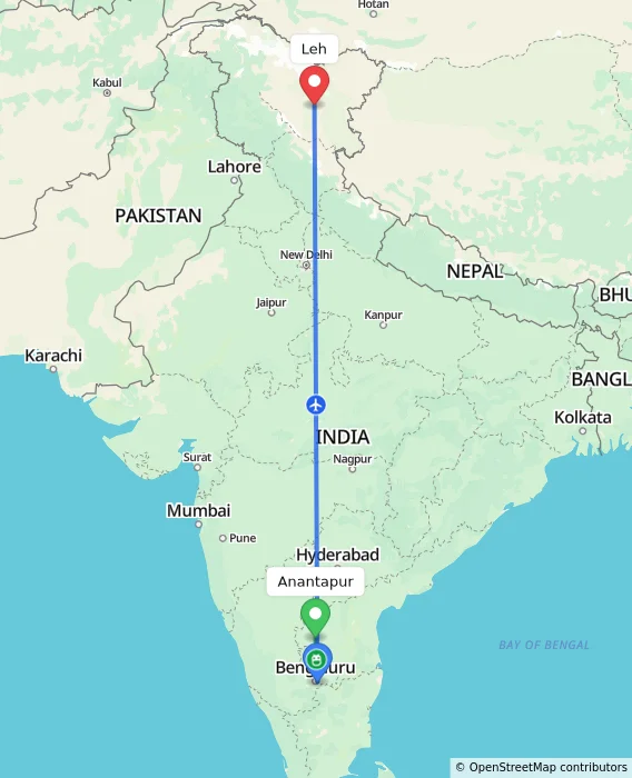Route map showing distance and travel time from Anantapur, India to Leh, India