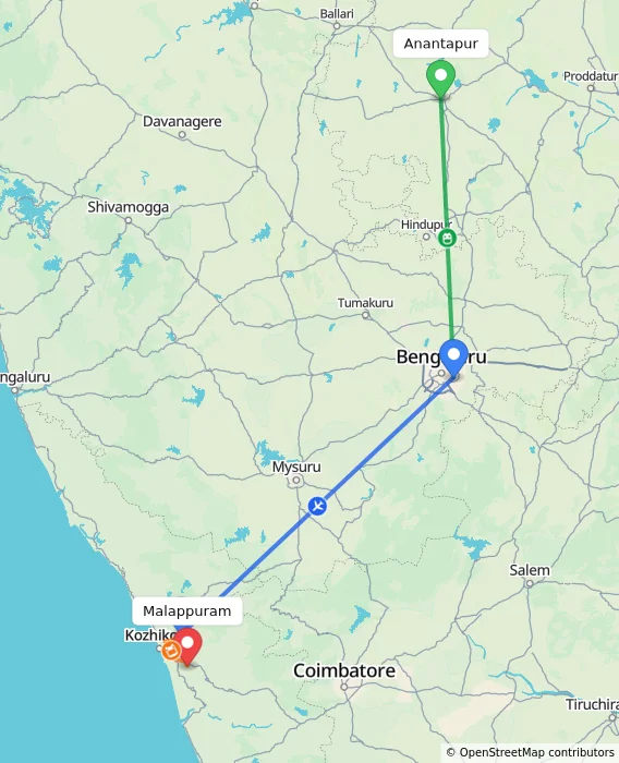 Route map showing distance and travel time from Anantapur, India to Malappuram, India