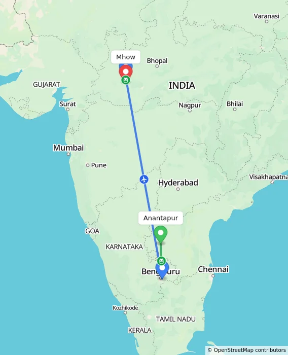 Route map showing distance and travel time from Anantapur, India to Mhow, India