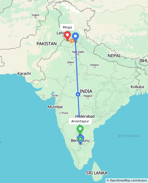 Route map showing distance and travel time from Anantapur, India to Moga, India