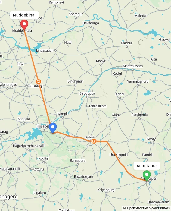 Route map showing distance and travel time from Anantapur, India to Muddebihal, India