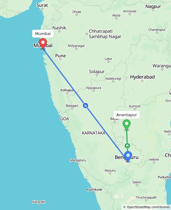 Route map showing distance and travel time from Anantapur, India to Mumbai, India