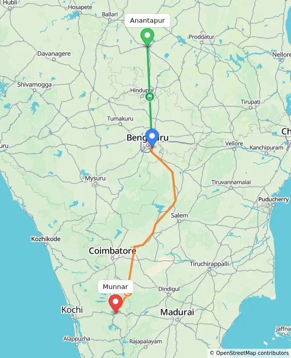 Route map showing distance and travel time from Anantapur, India to Munnar, India