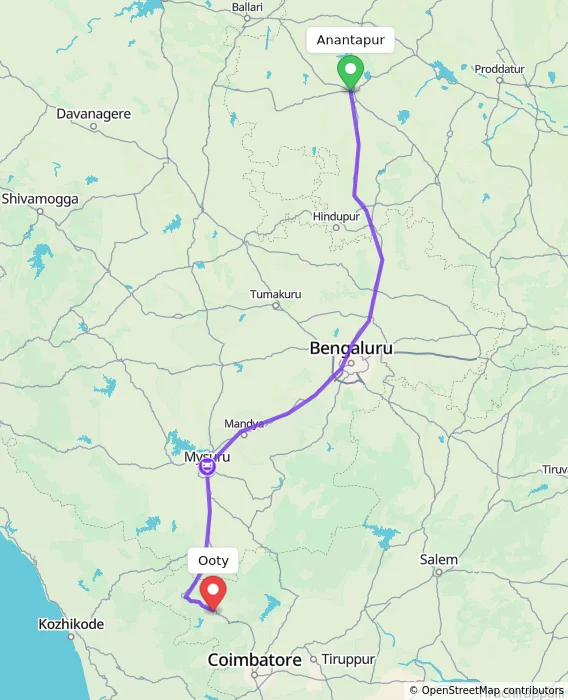 Route map showing distance and travel time from Anantapur, India to Ooty, India