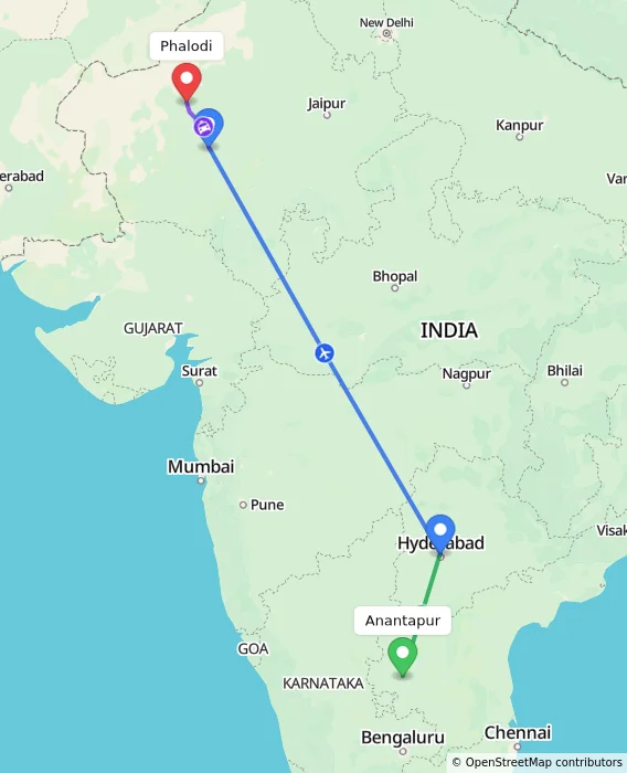 Route map showing distance and travel time from Anantapur, India to Phalodi, India