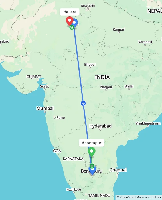 Route map showing distance and travel time from Anantapur, India to Phulera, India