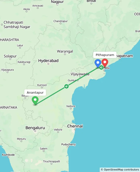 Route map showing distance and travel time from Anantapur, India to Pithapuram, India