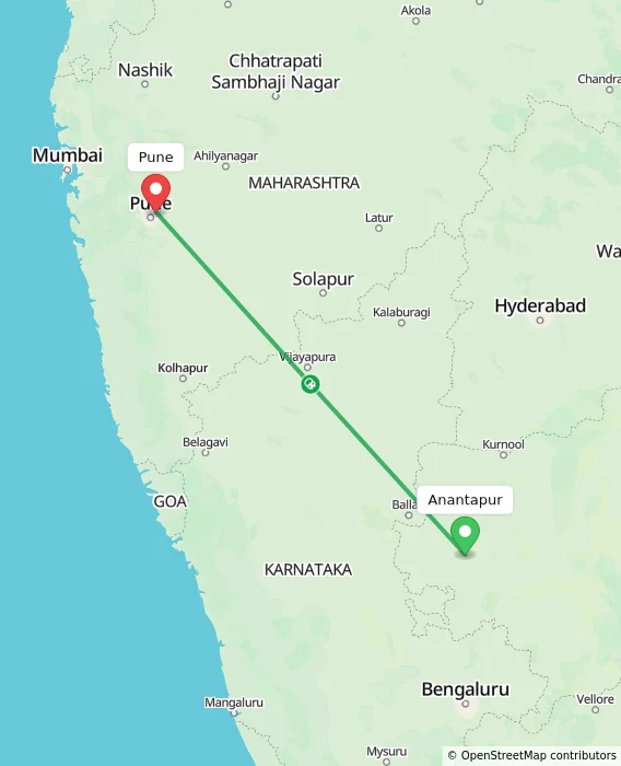 Route map showing distance and travel time from Anantapur, India to Pune, India