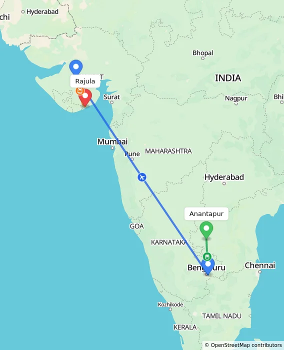 Route map showing distance and travel time from Anantapur, India to Rajula, India