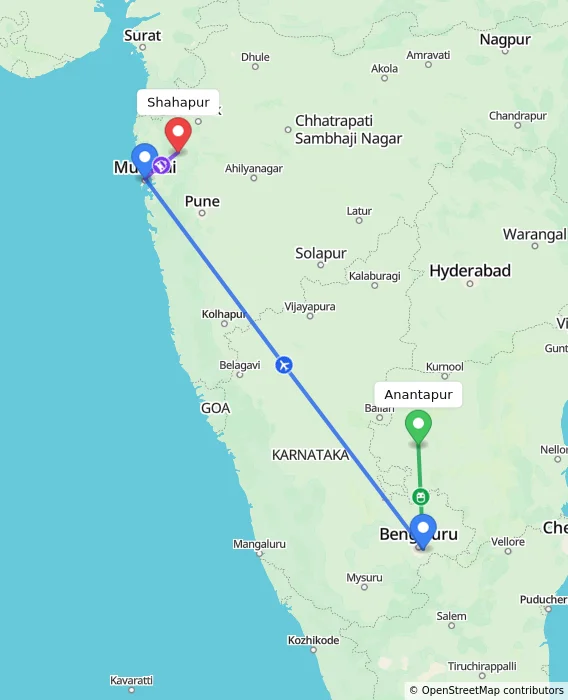 Route map showing distance and travel time from Anantapur, India to Shahapur, India