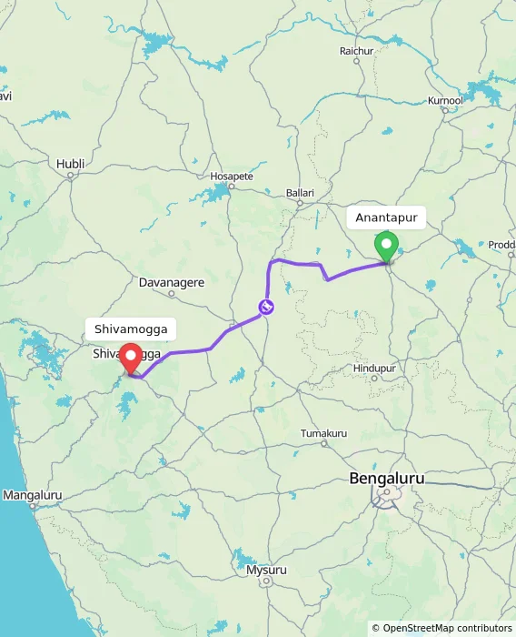 Route map showing distance and travel time from Anantapur, India to Shivamogga, India