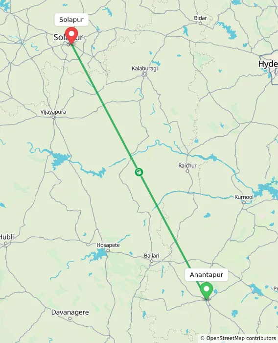 Route map showing distance and travel time from Anantapur, India to Solapur, India