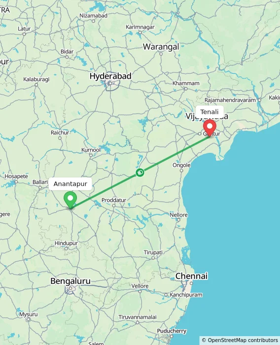 Route map showing distance and travel time from Anantapur, India to Tenali, India