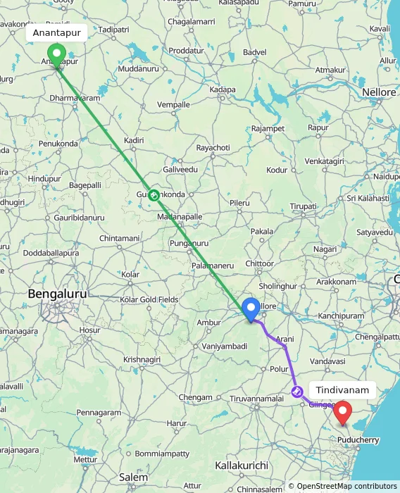 Route map showing distance and travel time from Anantapur, India to Tindivanam, India