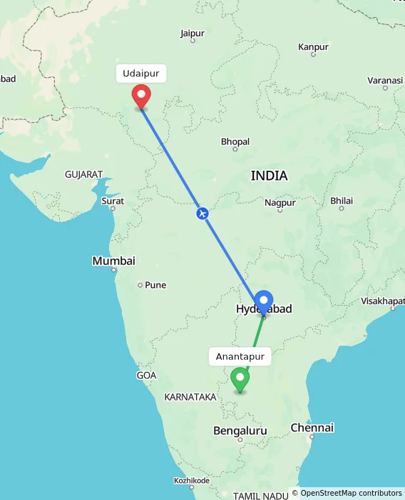 Route map showing distance and travel time from Anantapur, India to Udaipur, India