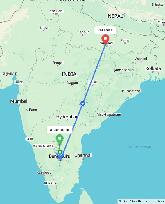 Route map showing distance and travel time from Anantapur, India to Varanasi, India