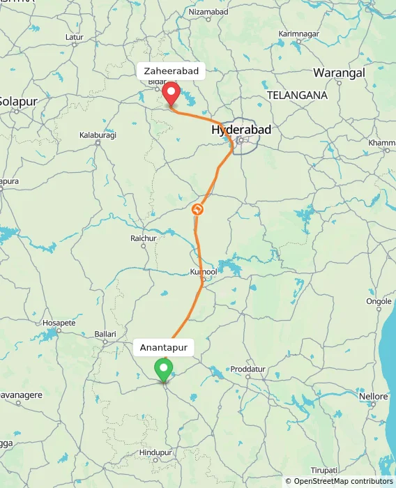 Route map showing distance and travel time from Anantapur, India to Zaheerabad, India