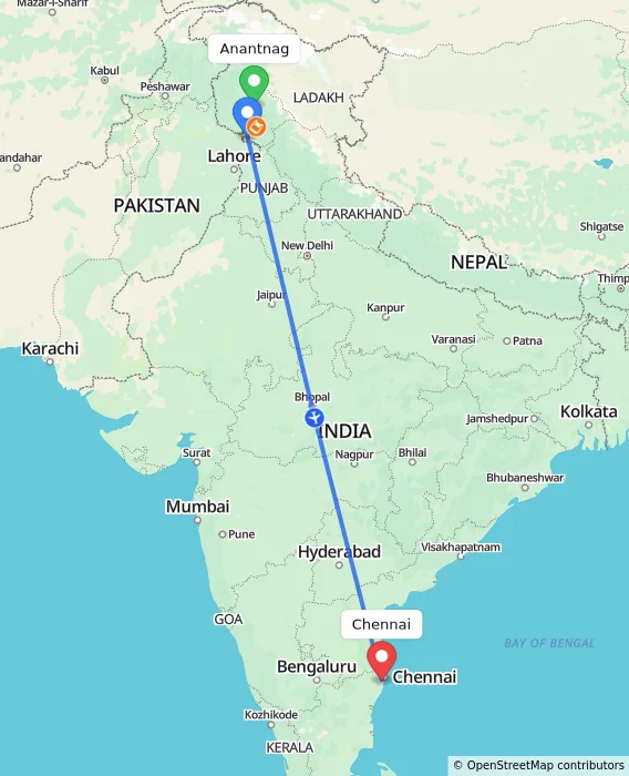 Route map showing distance and travel time from Anantnag, India to Chennai, India
