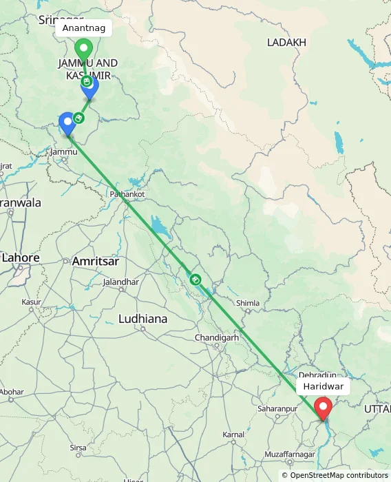 Route map showing distance and travel time from Anantnag, India to Haridwar, India