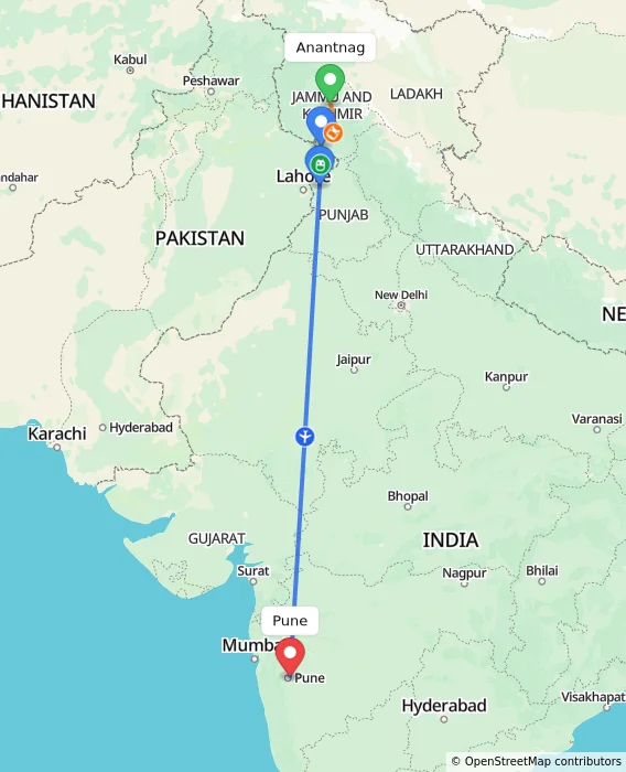 Route map showing distance and travel time from Anantnag, India to Pune, India
