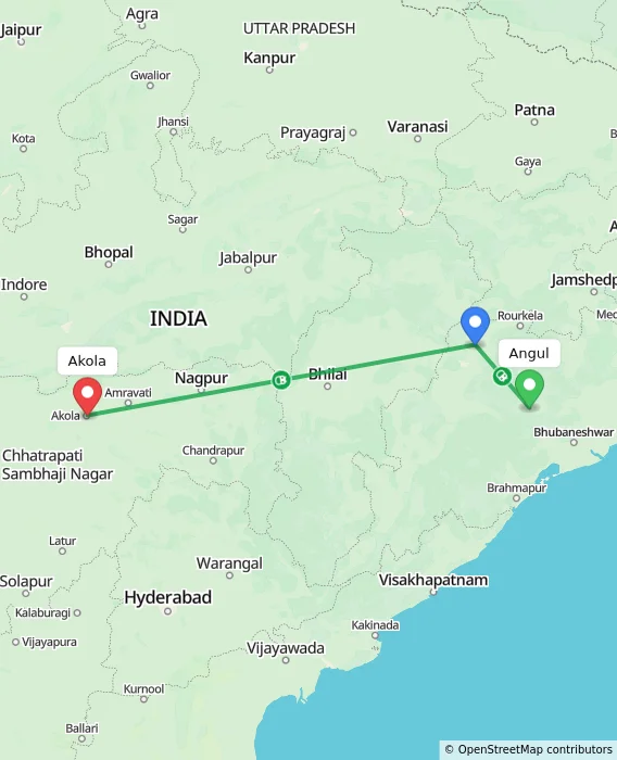 Route map showing distance and travel time from Angul, India to Akola, India