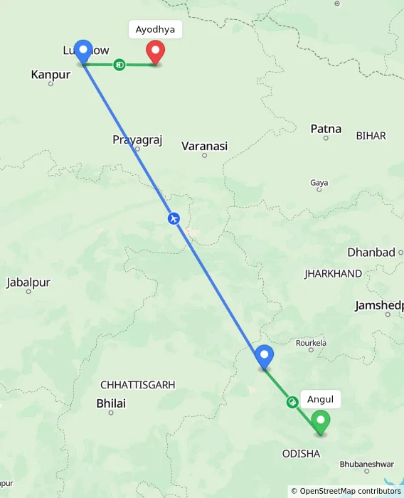 Route map showing distance and travel time from Angul, India to Ayodhya, India