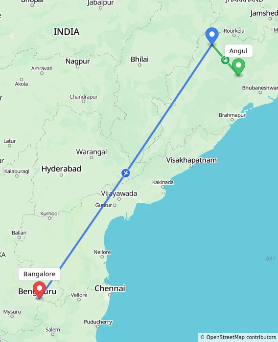 Route map showing distance and travel time from Angul, India to Bangalore, India
