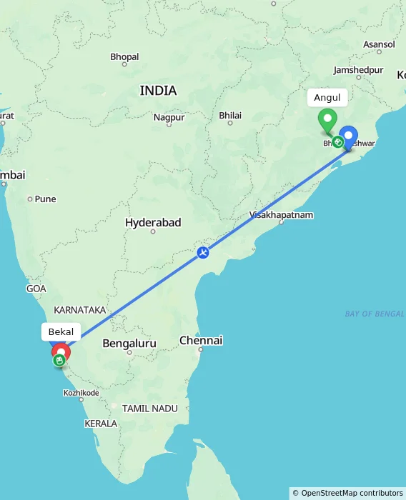 Route map showing distance and travel time from Angul, India to Bekal, India