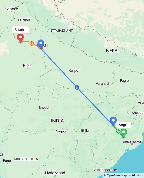 Route map showing distance and travel time from Angul, India to Bhadra, India