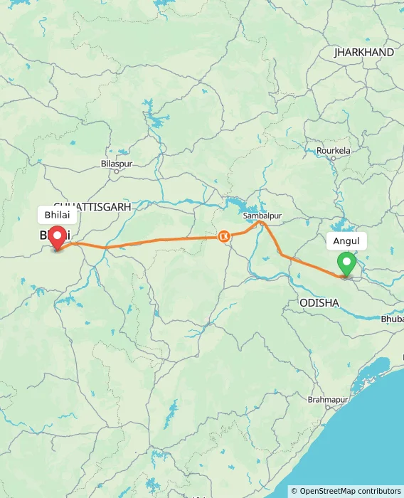 Route map showing distance and travel time from Angul, India to Bhilai, India