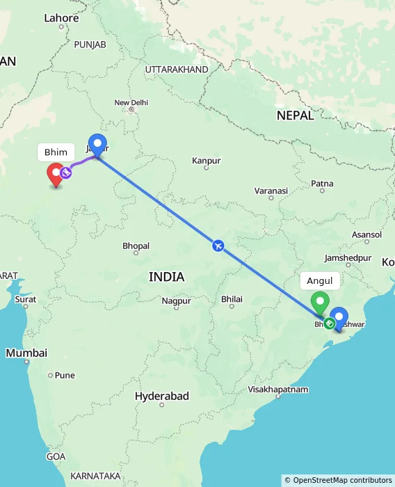Route map showing distance and travel time from Angul, India to Bhim, India