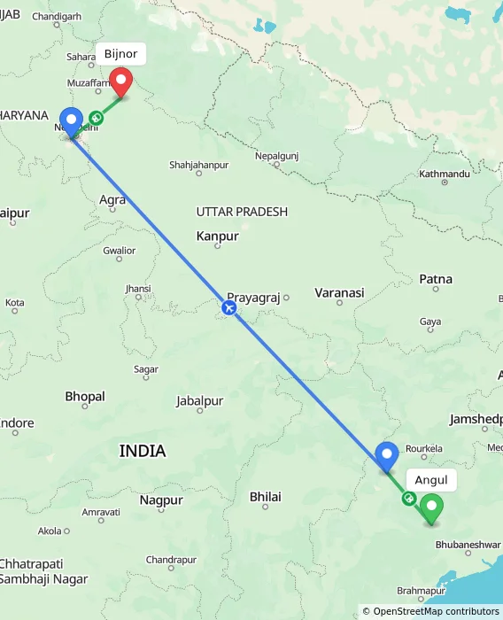 Route map showing distance and travel time from Angul, India to Bijnor, India