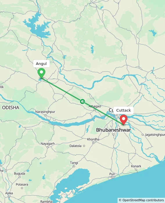 Route map showing distance and travel time from Angul, India to Cuttack, India