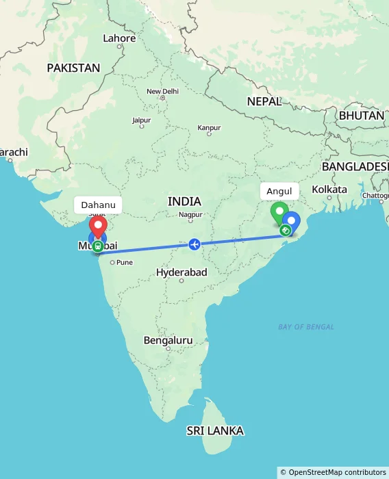 Route map showing distance and travel time from Angul, India to Dahanu, India