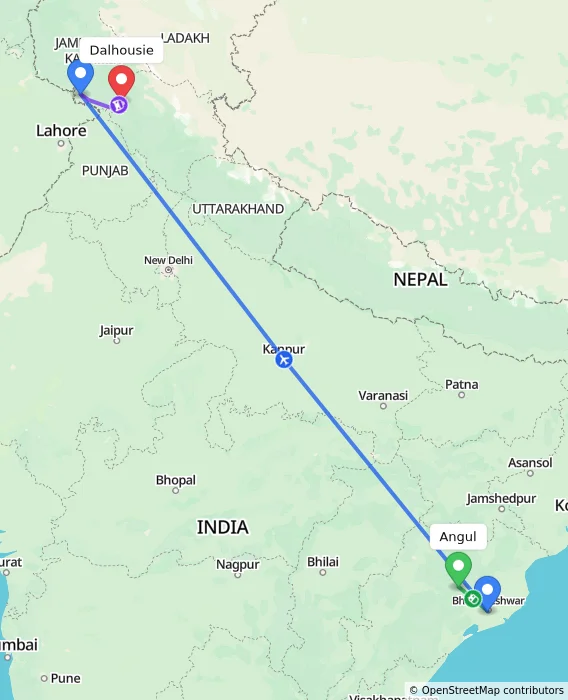 Route map showing distance and travel time from Angul, India to Dalhousie, India