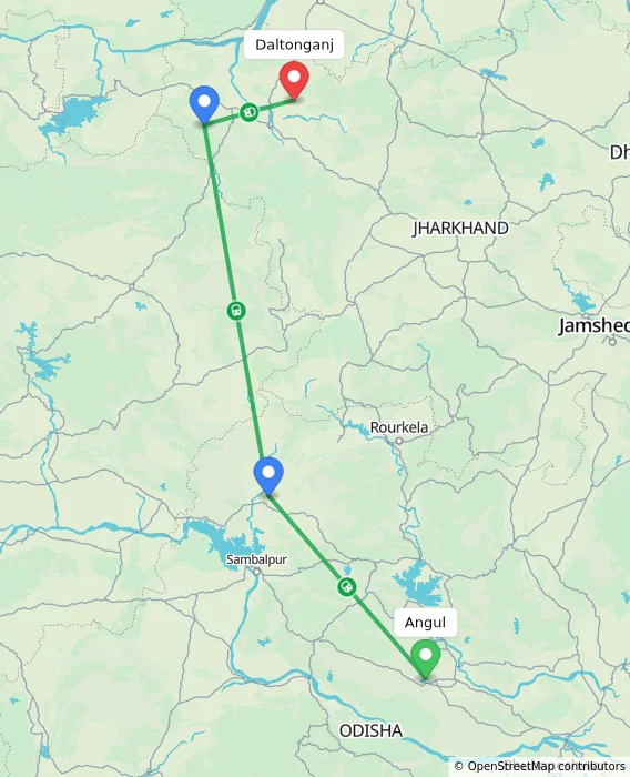 Route map showing distance and travel time from Angul, India to Daltonganj, India