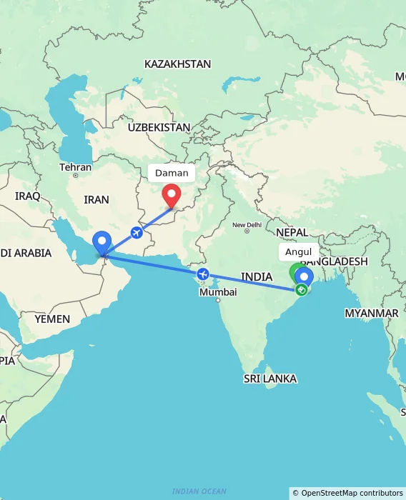 Route map showing distance and travel time from Angul, India to Daman, Afghanistan