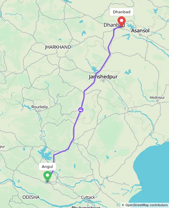 Route map showing distance and travel time from Angul, India to Dhanbad, India