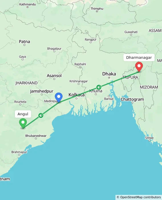 Route map showing distance and travel time from Angul, India to Dharmanagar, India