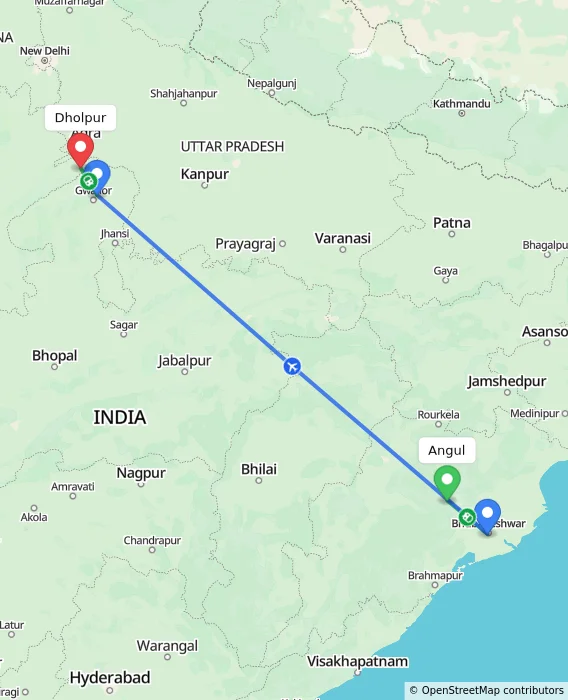 Route map showing distance and travel time from Angul, India to Dholpur, India
