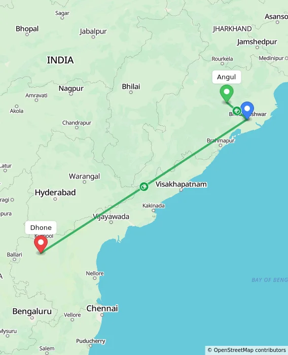 Route map showing distance and travel time from Angul, India to Dhone, India