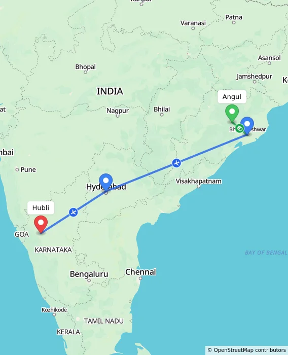 Route map showing distance and travel time from Angul, India to Hubli, India