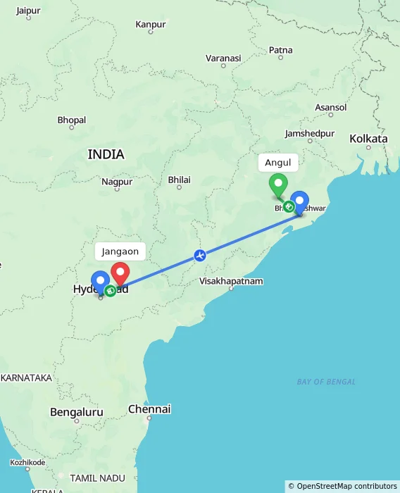 Route map showing distance and travel time from Angul, India to Jangaon, India