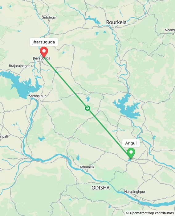 Route map showing distance and travel time from Angul, India to Jharsuguda, India